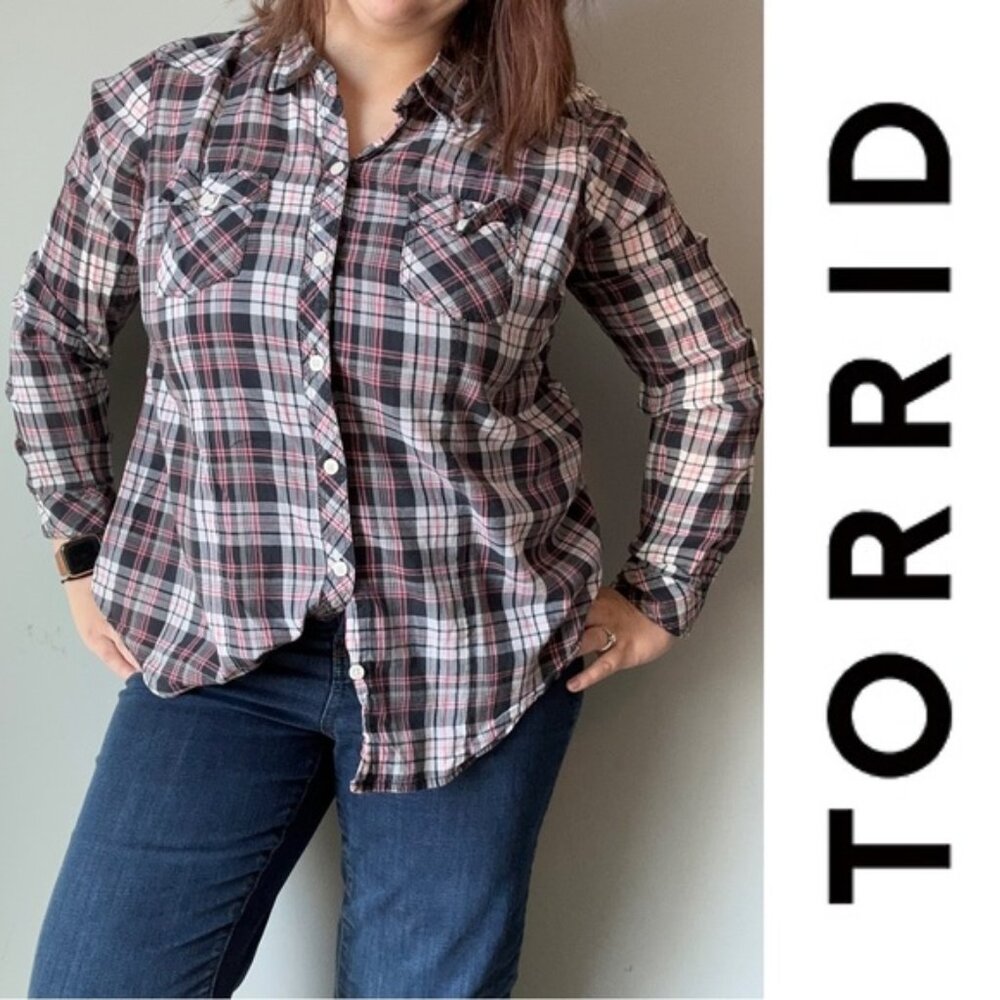 Torrid | Parker Plaid Long Sleeve Front Button Up Camp Shirt | size 0